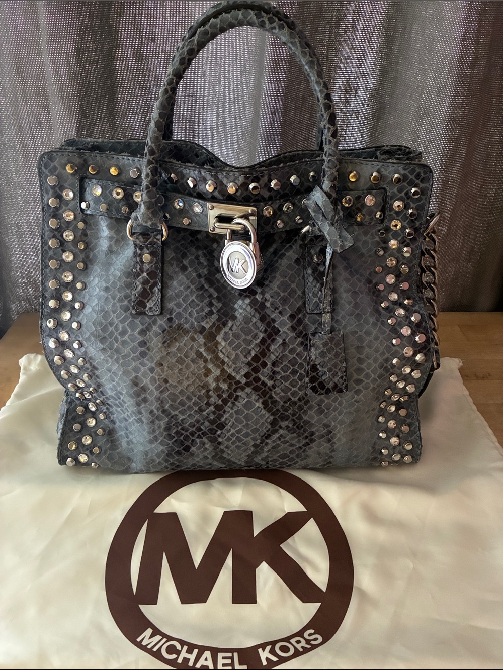 Michael Kors Hamilton Jewel Padlock Studded Blue Python Embossed Satchel Bag!